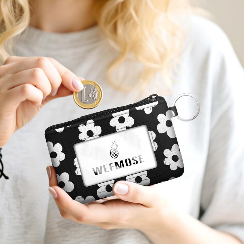 WEFMOSE Small Wallet Keychain with Clear ID Window Zipper Cute ID Case Coin Purse for Women Water Resistant Coin Pouch-Flower-Black Keychain Wallet - Image 2